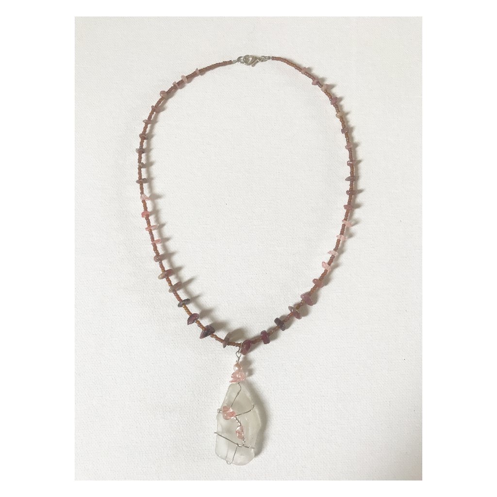 Clear Sea Glass Cherry Rose Quartz Necklace Ocean Beach Surf Boho Mermaid Gypsy